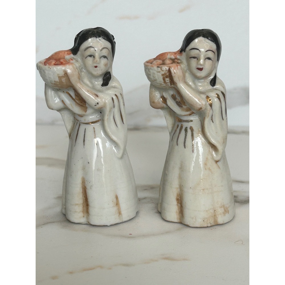 Vintage Ceramic Salt and Pepper Shakers Asian Women with Fruit Baskets Gold Trim